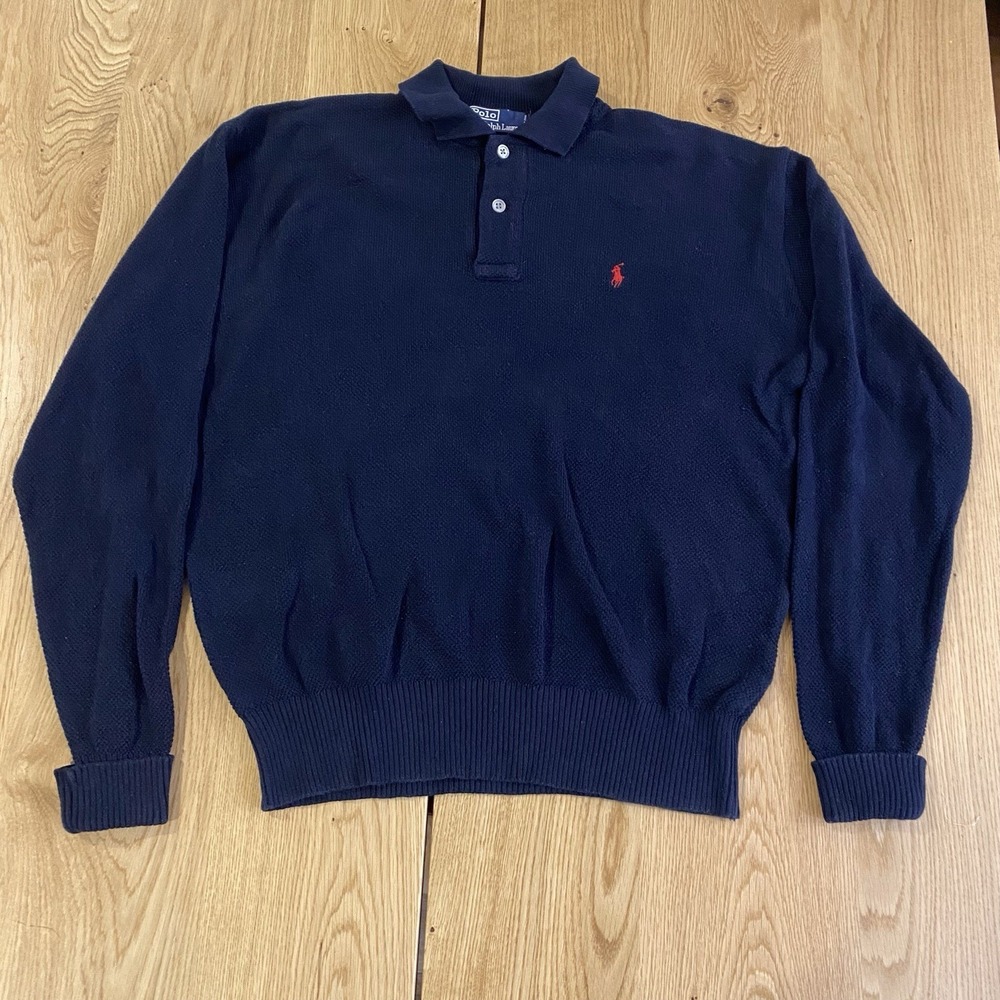 Vintage 90s‎ Polo Ralph Lauren Mens XL Navy Waffle Knit L/S Cotton Polo Sweater